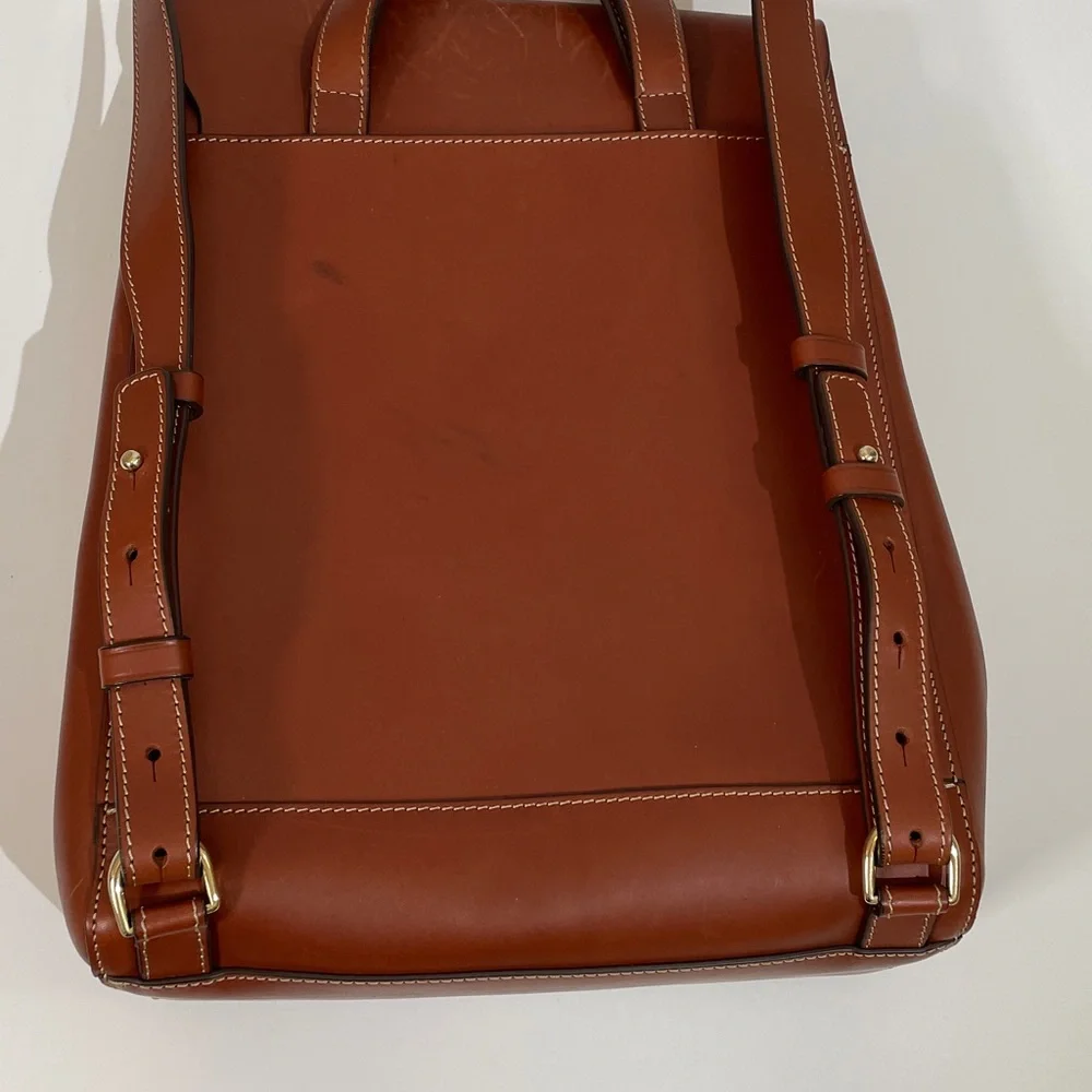 Paul Stuart 100% Leather Backpack Tan Brown Red Lining Gold Hardware